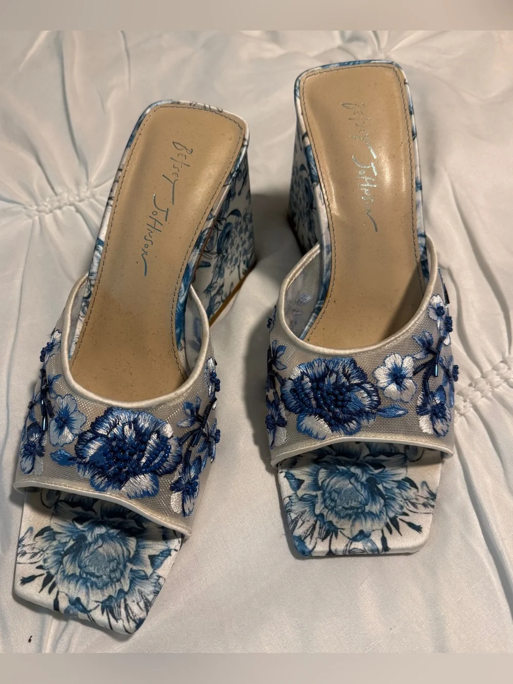Betsey Johnson White and Blue Floral Block Heel Mules
